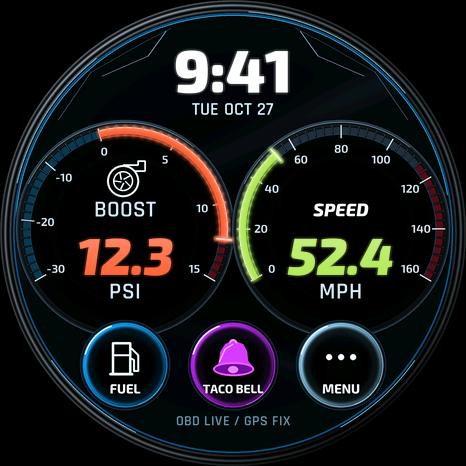 New glass home dashboard showing illustrative boost, GPS speed and time