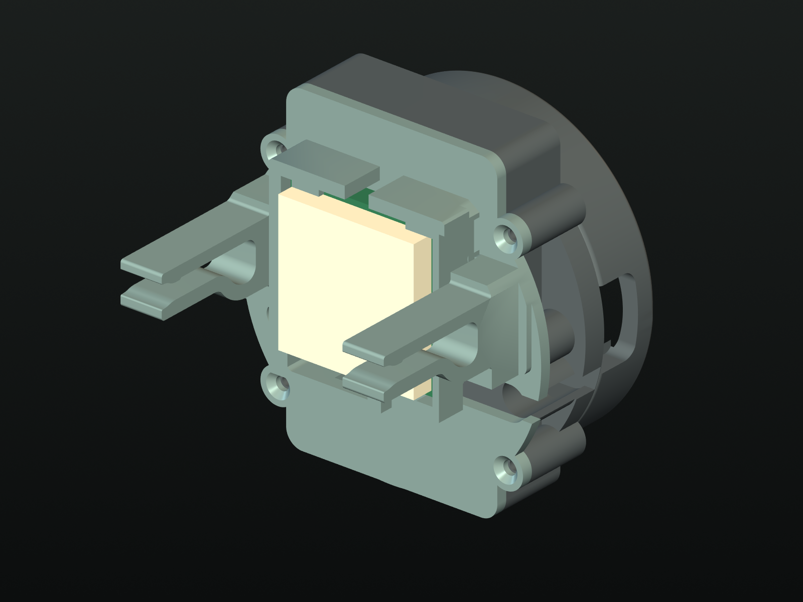 Actual V20 CAD render of the assembled round-gauge battery housing, GPS antenna and vent clips