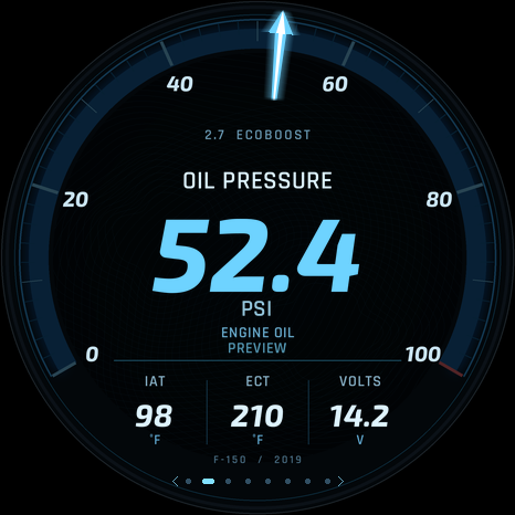 Oil pressure gauge showing an illustrative 52.4 PSI