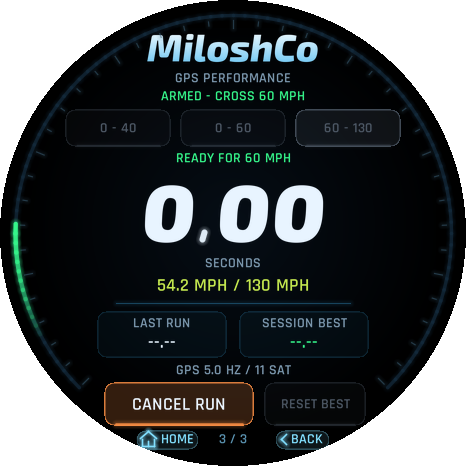 60 to 130 mph GPS timer preview armed below 60 mph